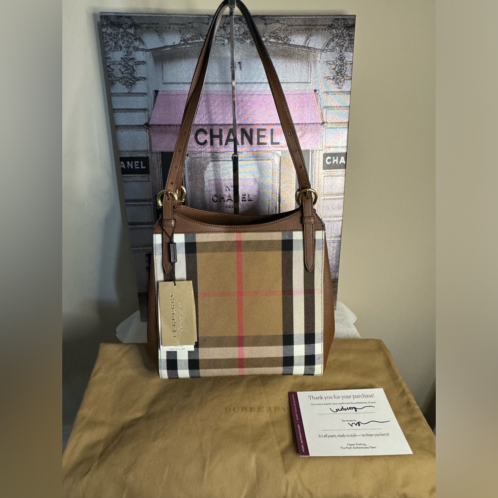 NWT Burberry Brown CANTERBURY Derby Leather House Nova Check Small Satchel Purse
